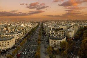 Champs Élysées, Paris, France, City, Cityscape, Road, Car, Sunset, Trees, Building, Clouds