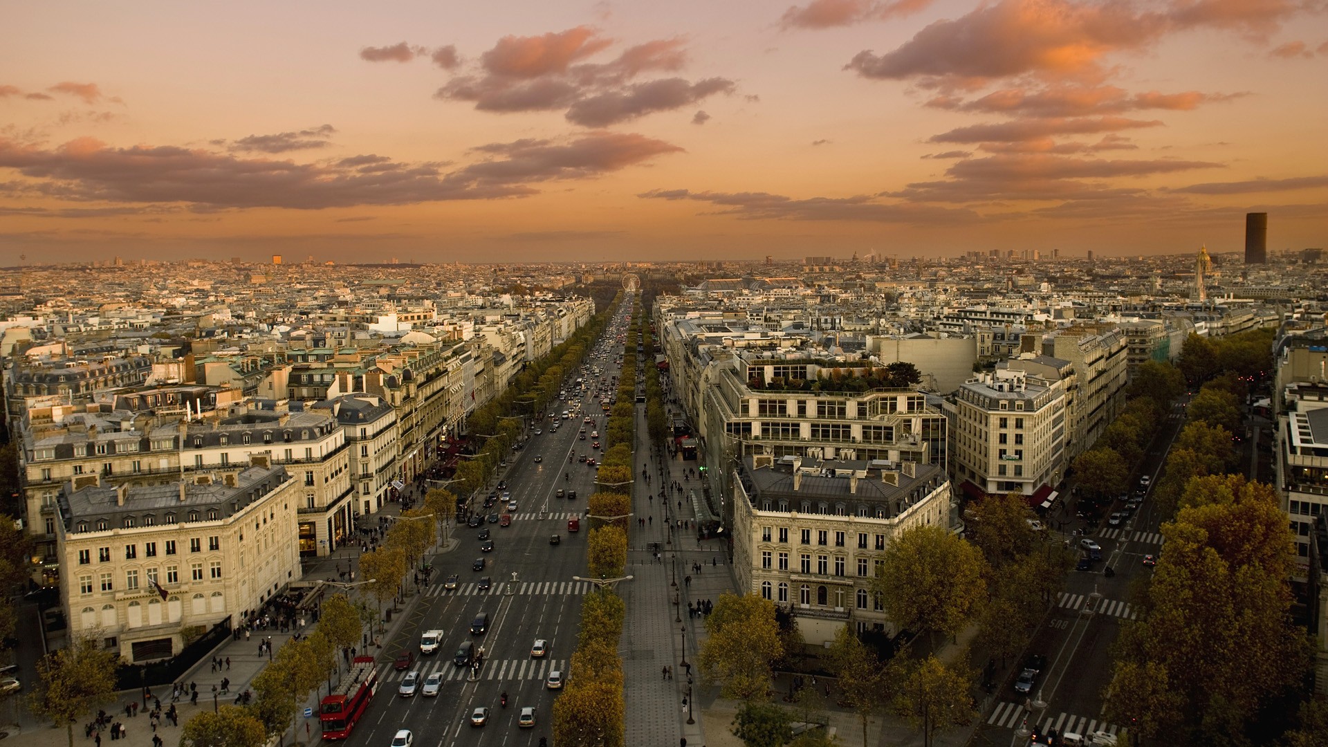 Champs Élysées, Paris, France, City, Cityscape, Road, Car, Sunset, Trees, Building, Clouds Wallpaper