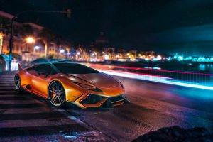 Lamborghini Huracan, Car, Lamborghini, Orange, Long Exposure, Night, Road, City