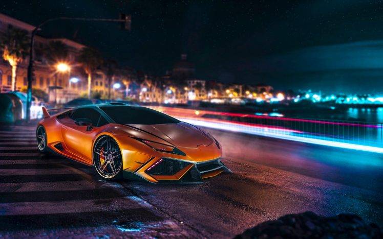 Lamborghini Huracan, Car, Lamborghini, Orange, Long Exposure, Night, Road, City HD Wallpaper Desktop Background