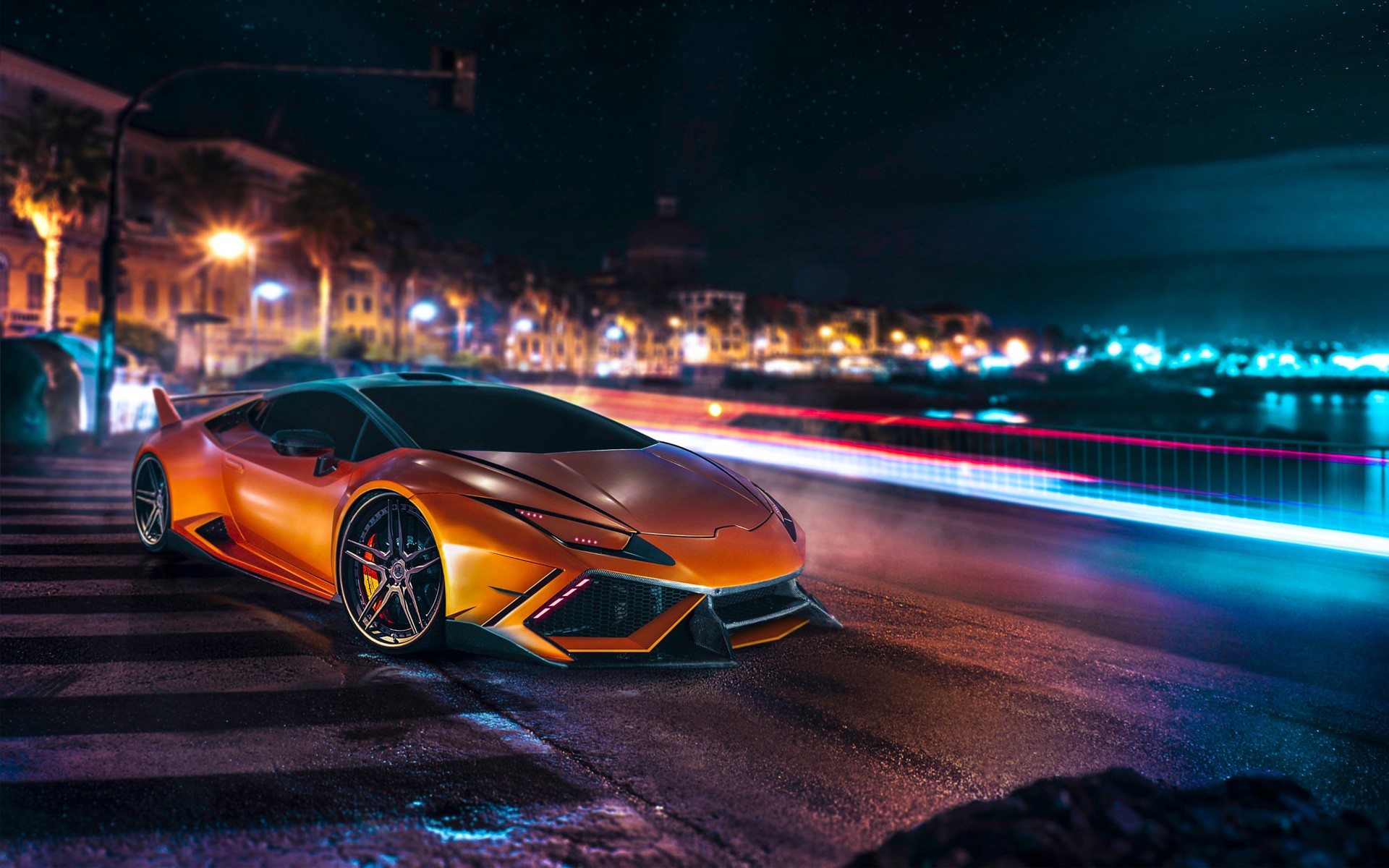 Lamborghini Huracan, Car, Lamborghini, Orange, Long Exposure, Night, Road, City Wallpaper