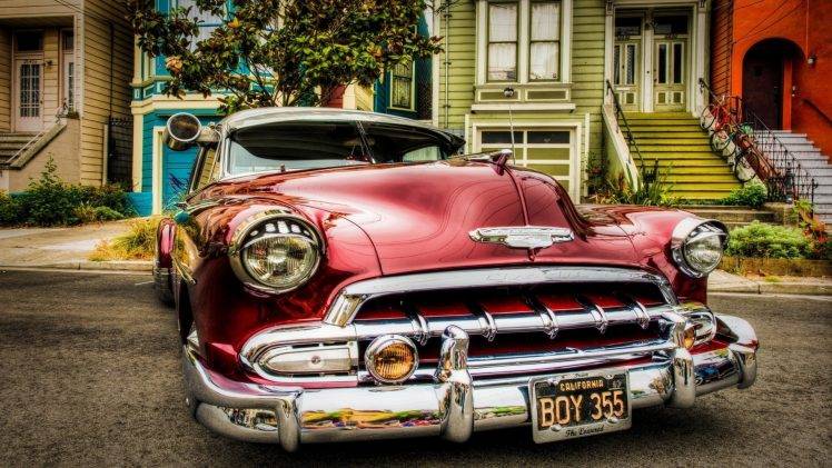 Chevrolet, Vintage, Car, Oldtimer, Red Cars, Vehicle, Trees, House, Urban HD Wallpaper Desktop Background