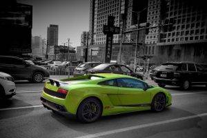 car, Lamborghini Gallardo Superleggera LP570, City, Filter, Selective Coloring, Traffic, Building, Street, Italian Supercars