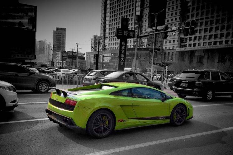 car, Lamborghini Gallardo Superleggera LP570, City, Filter, Selective Coloring, Traffic, Building, Street, Italian Supercars HD Wallpaper Desktop Background
