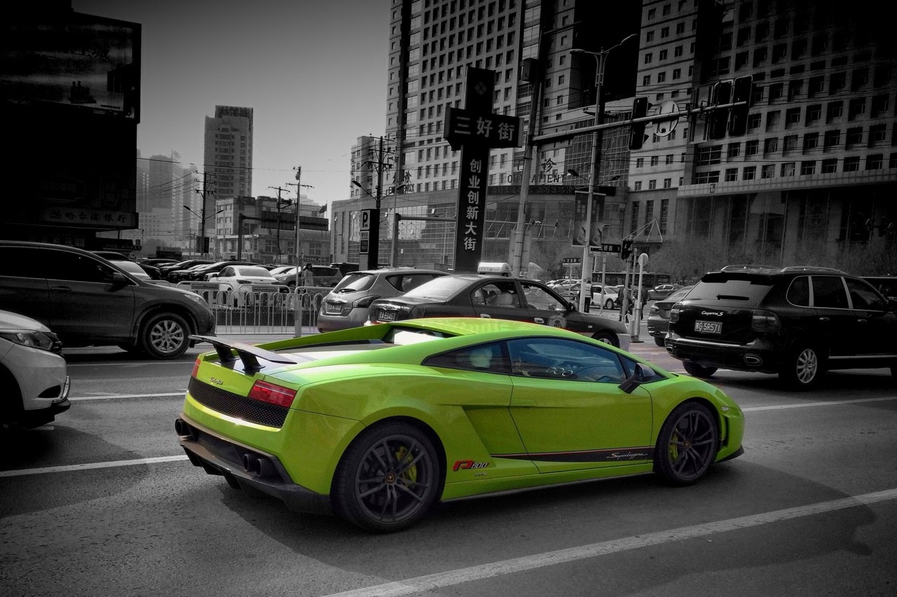 car, Lamborghini Gallardo Superleggera LP570, City, Filter, Selective Coloring, Traffic, Building, Street, Italian Supercars Wallpaper