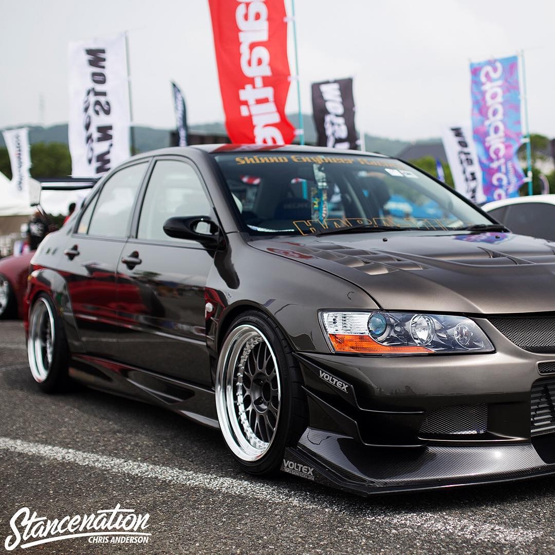 car, Mitsubishi Lancer Evo IX, Tuning, JDM, Stance, Lowered, Flag