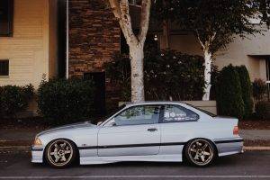 car, BMW E36, Stance, Lowered, Tuning, Trees, Bushes, House, BMW, VOLK RACING, German Cars