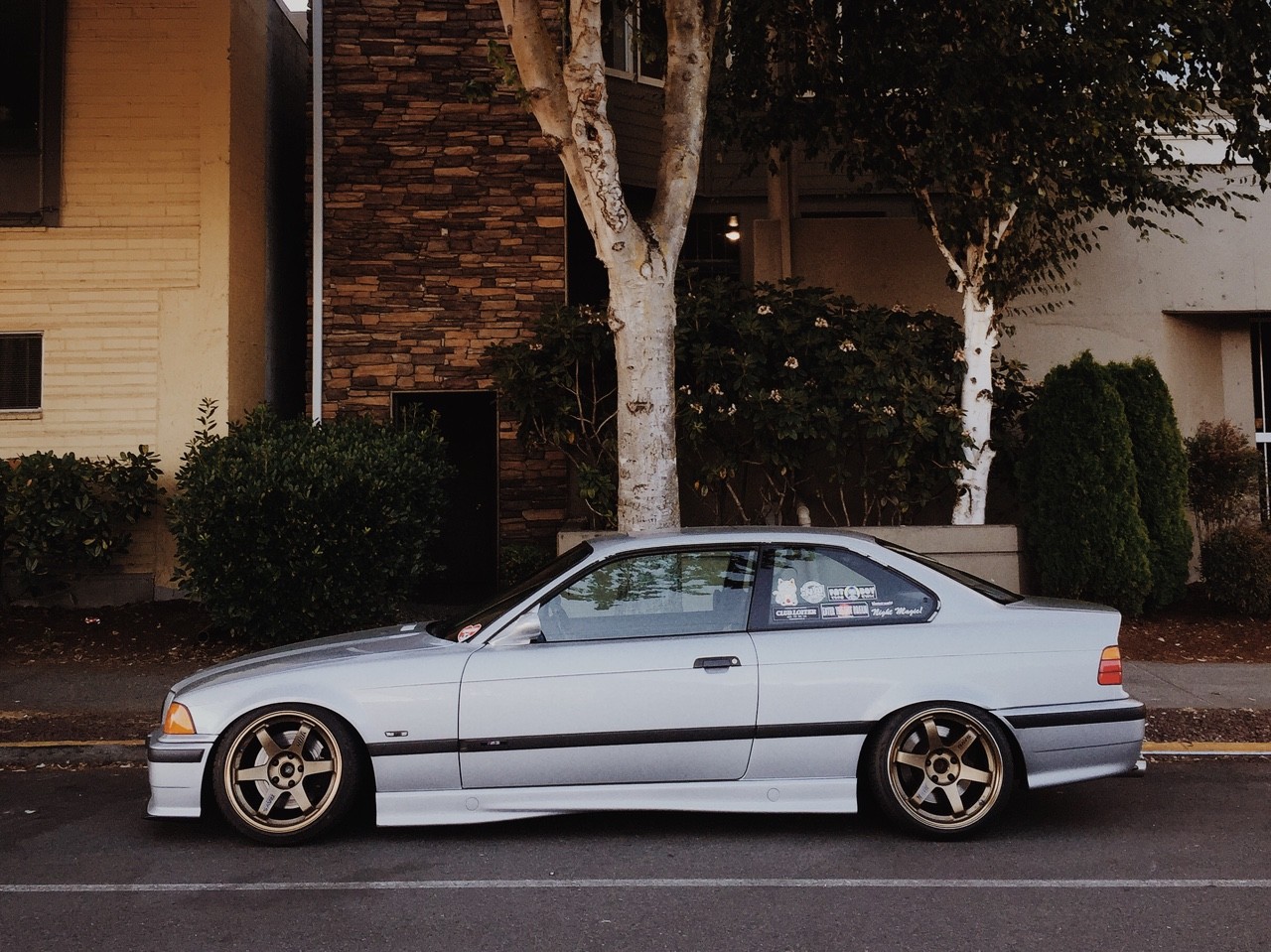 car, BMW E36, Stance, Lowered, Tuning, Trees, Bushes, House, BMW, VOLK RACING, German Cars Wallpaper