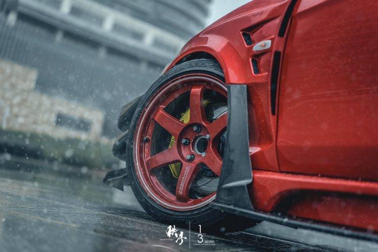 car, Mitsubishi Lancer Evo X, Tuning, Rain, Water Drops, JDM, VOLK RACING, Brembo, Red HD Wallpaper Desktop Background