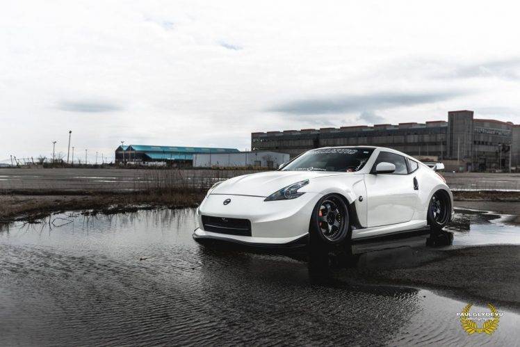car, Nissan 370Z, Stance, Tuning, Lowered, JDM, Route, Puddle, Factories, Dry Grass HD Wallpaper Desktop Background