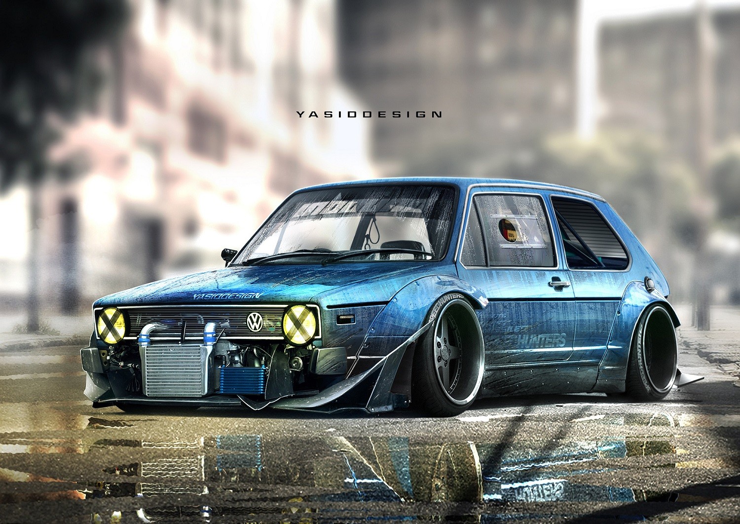 YASIDDESIGN, Car, Render, Artwork, Tuning, Volkswagen Golf, Volkswagen Golf Mk1, Yellow Headlights, Taped Headlights Wallpaper