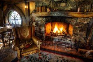 fire, Indoors, Fireplace, Cat, HDR