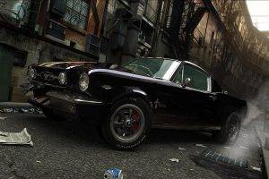Ford Mustang, Car, Street, Black, Drift, Ford, Black Cars