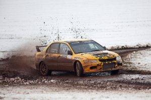 car, Mitsubishi Lancer EVO, Mud, Dirt, Yellow Cars, Race Cars, Vehicle, Mitsubishi