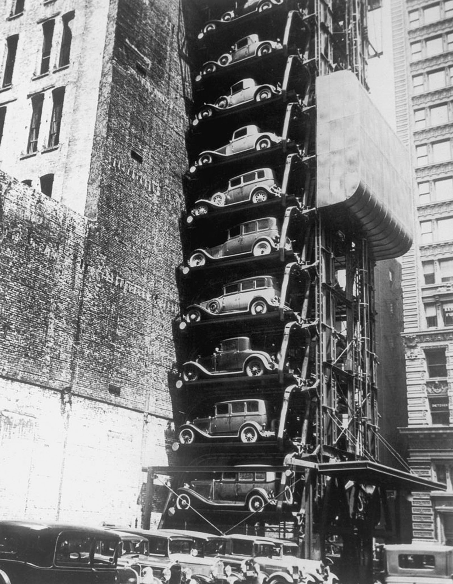 photography, Monochrome, Vintage, Elevator, Car, Classic Car, Parking, Building, USA, Urban, Technology, New York City, Portrait Display, Street, Model T, Ford, Old Photos Wallpaper
