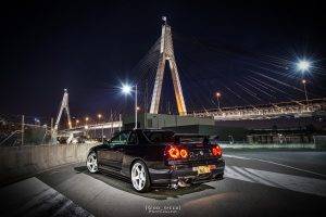 Nissan Skyline GT R R34, Nissan, Night, Bridge, Car, Black Cars, Vehicle