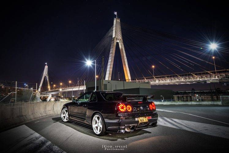 Nissan Skyline GT R R34, Nissan, Night, Bridge, Car, Black Cars, Vehicle HD Wallpaper Desktop Background