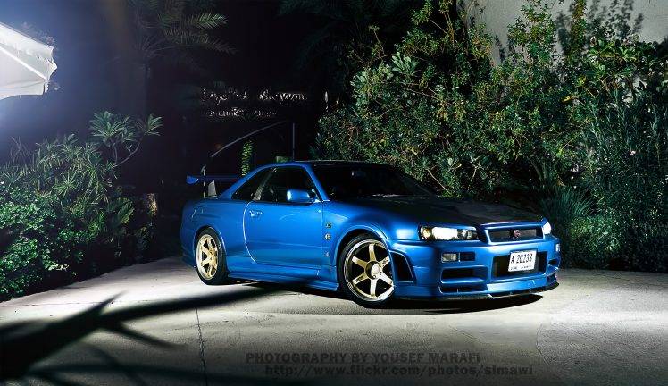 Nissan Skyline GT R R34, Nissan, Car, Blue Cars, Night, Vehicle HD Wallpaper Desktop Background