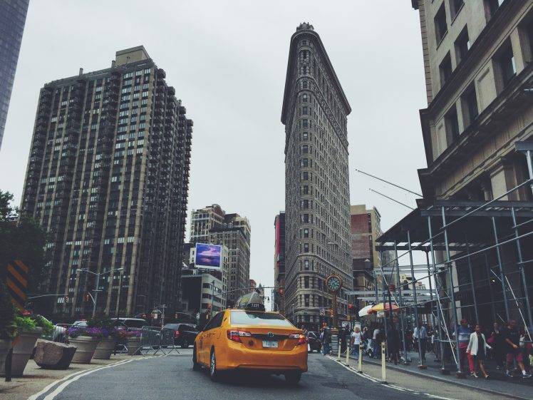 people, Road, City, Street, Car, New York City, Taxi, Flatiron Building HD Wallpaper Desktop Background