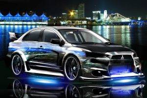 car, Mitsubishi, Mitsubishi Lancer, Tuning, Vehicle, Cityscape, Night, Reflection