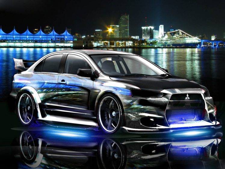 car, Mitsubishi, Mitsubishi Lancer, Tuning, Vehicle, Cityscape, Night, Reflection HD Wallpaper Desktop Background