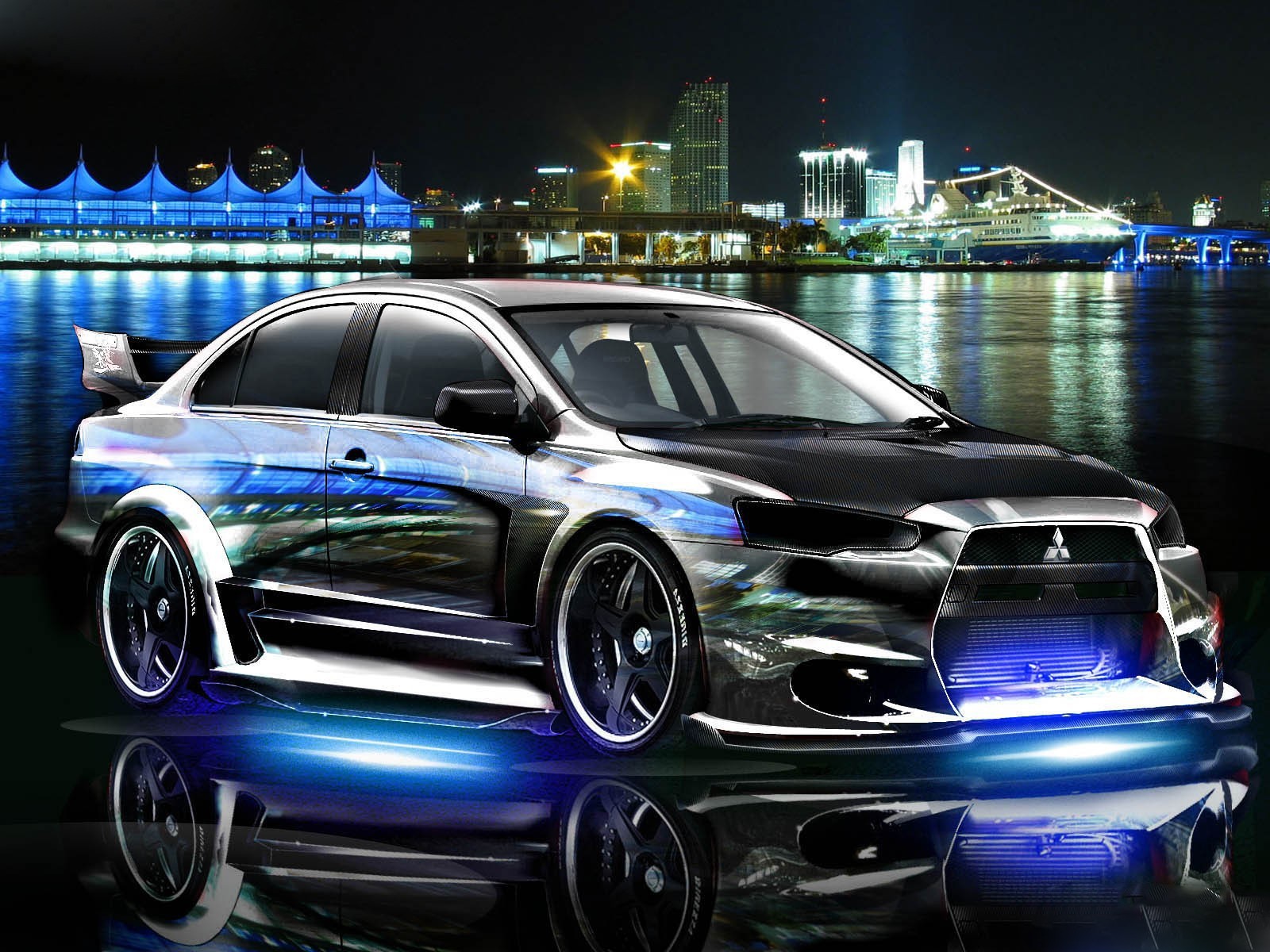 car, Mitsubishi, Mitsubishi Lancer, Tuning, Vehicle, Cityscape, Night, Reflection Wallpaper