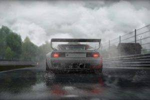 artwork, Digital Art, Abstract, Car, Tail Light, Road, Race Cars, Rain, Motion Blur, Trees, Spoilers, Project CARS, Video Games