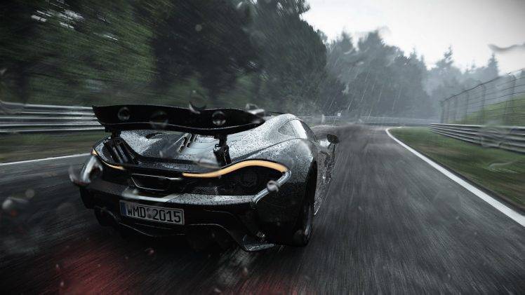 pixelated, Digital Art, Car, Tail Light, Road, Race Cars, Rain, Motion Blur, Trees, Spoilers, Video Games, Project CARS, McLaren P1 HD Wallpaper Desktop Background