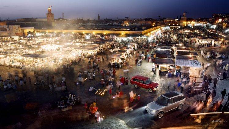 Range Rover, Marrakech, Morocco, Street, Cityscape, Long Exposure, Lights, Crowds, Town Square HD Wallpaper Desktop Background