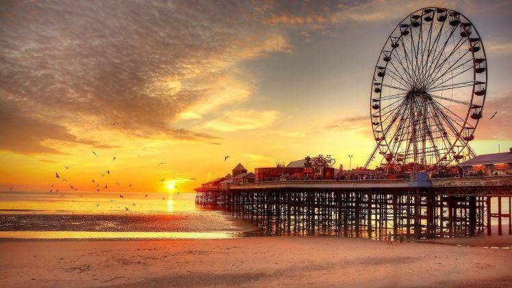 sunset, Beach, Ferris Wheel, UK, Pier, Blackpool, Birds HD Wallpaper Desktop Background