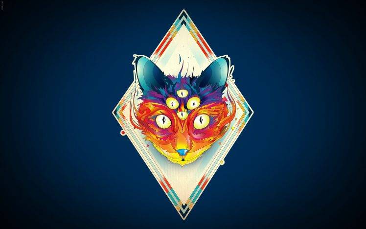 artwork, Matei Apostolescu, Surreal, Cat, Eyes, Diamonds, Blue Background HD Wallpaper Desktop Background