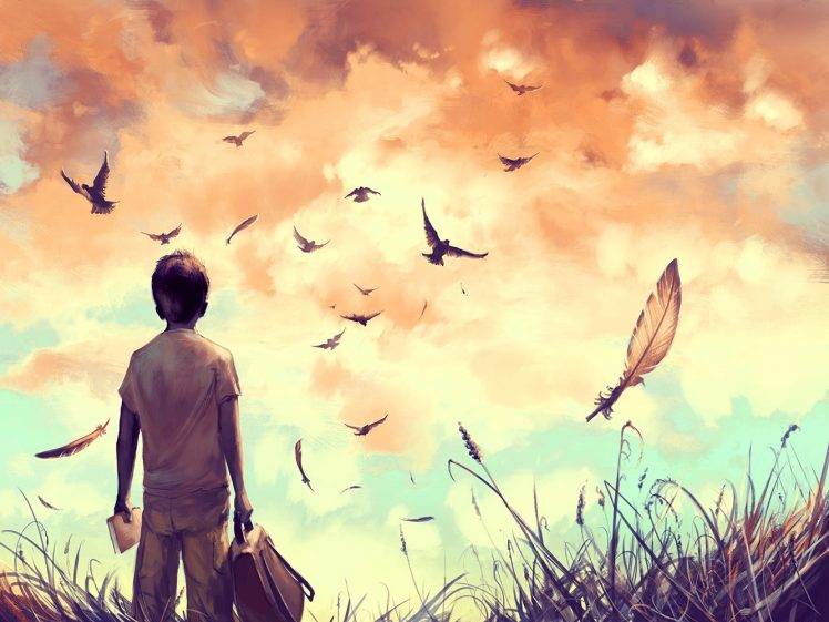 artwork, AquaSixio, Birds, Feathers, Backpacks, Books, Grass HD Wallpaper Desktop Background