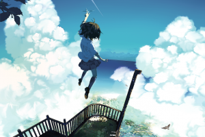 sky, Clouds, Anime, Anime Girls, Original Characters, Birds Eye View, Balconies, Jumping