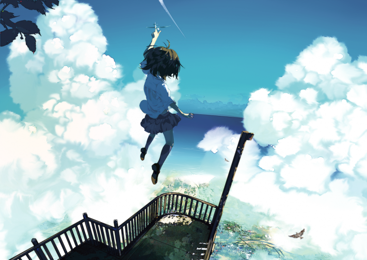 sky, Clouds, Anime, Anime Girls, Original Characters, Birds Eye View, Balconies, Jumping HD Wallpaper Desktop Background