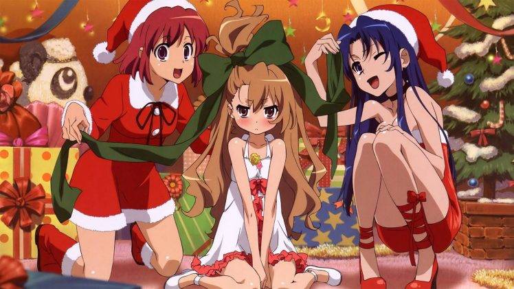 Toradora!, Aisaka Taiga, Kawashima Ami, Kushieda Minori, Christmas, Santa Costume HD Wallpaper Desktop Background
