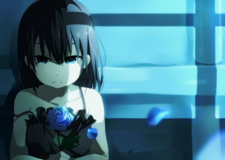 anime Girls, Sad, Rose, Night HD Wallpaper Desktop Background
