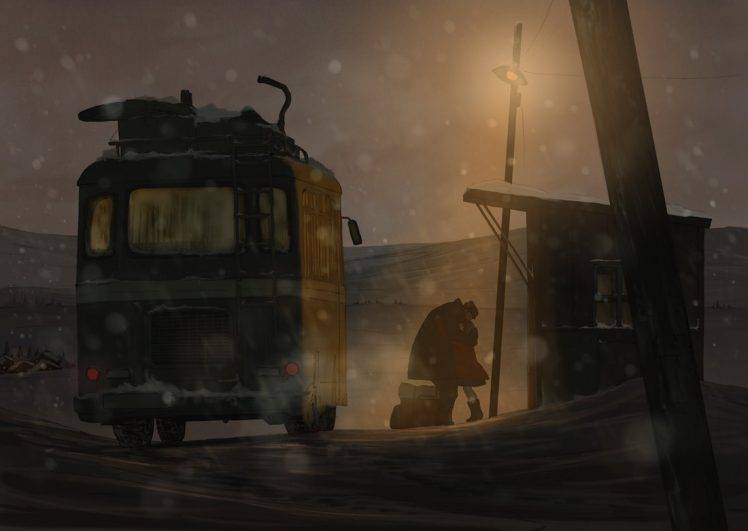 bus Stations, Night, Snow, Sad HD Wallpaper Desktop Background