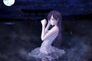 anime Girls, Night, Moonlight, Lake