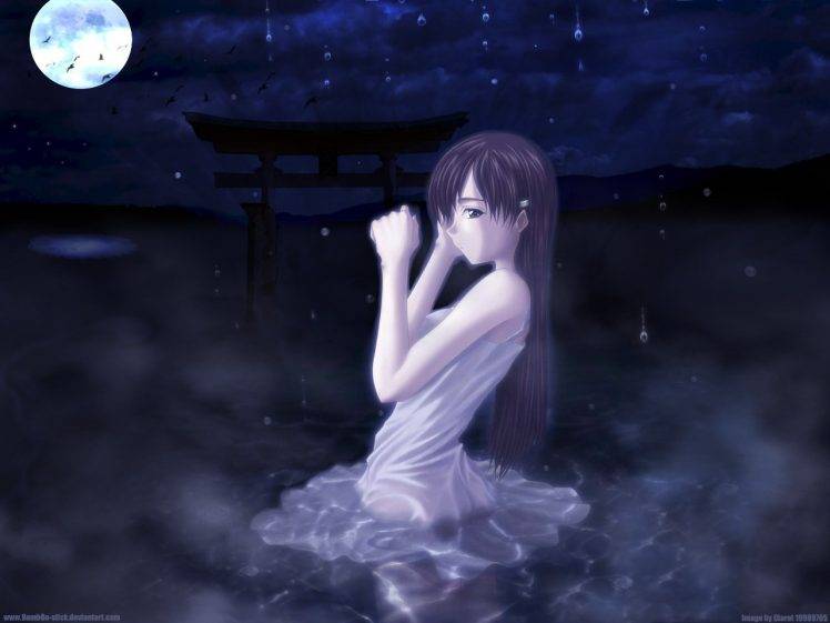anime Girls, Night, Moonlight, Lake HD Wallpaper Desktop Background