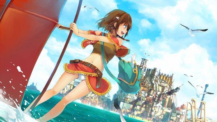 surfing, Water, Sea, City, Amy (Suisei No Gargantia), Anime Girls, Anime, Suisei No Gargantia, Manga HD Wallpaper Desktop Background