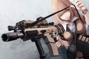 original Characters, Blonde, Short Hair, Bangs, Women With Guns, Anime, Anime Girls, Weapon, Gun, School Uniform, FN SCAR, Machine Gun, Manga, Assault Rifle