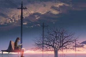anime, 5 Centimeters Per Second, Power Lines, Trees, Sunlight, Bench, Bag