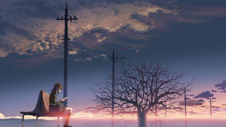 anime, 5 Centimeters Per Second, Power Lines, Trees, Sunlight, Bench, Bag HD Wallpaper Desktop Background