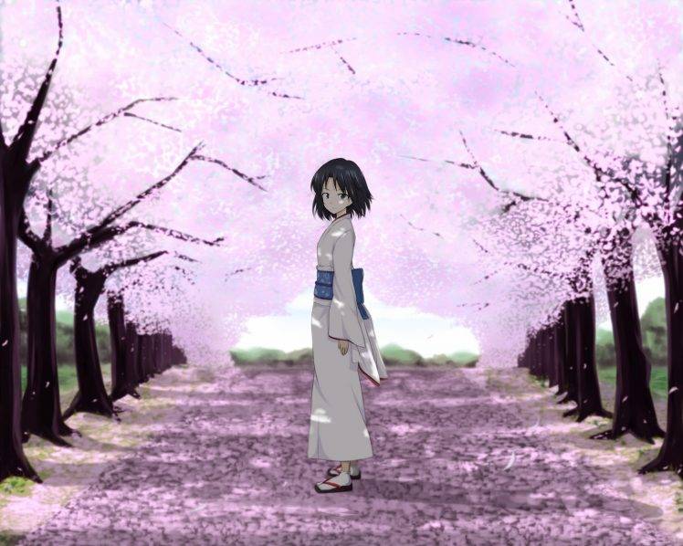 anime, Anime Girls, Kara No Kyoukai, Ryougi Shiki, Kimono, Cherry Blossom HD Wallpaper Desktop Background