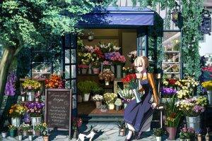 anime, Anime Girls, Apron, Flowers, Colorful