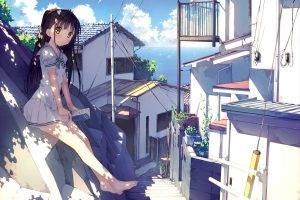 anime, Anime Girls, Sea Village, Sitting, Reading