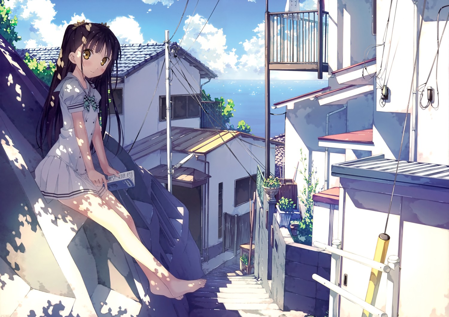 anime, Anime Girls, Sea Village, Sitting, Reading Wallpaper