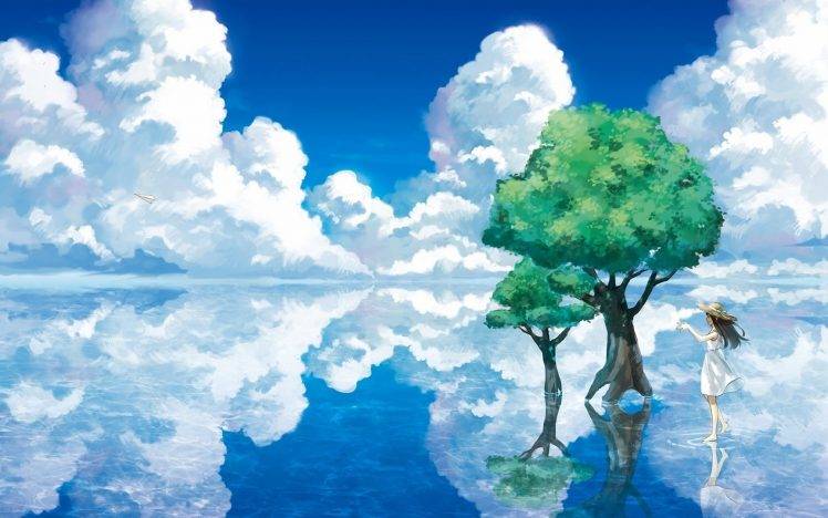 anime, Clouds, Sea, Trees, Paperplanes HD Wallpaper Desktop Background