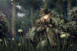 TC1995, Original Characters, Soldier, Anime, Anime Girls, Military, Weapon, Camouflage, Ghillie Suit, Sniper Rifle, Gun, MP7, Forest, Fantasy Art, Manga
