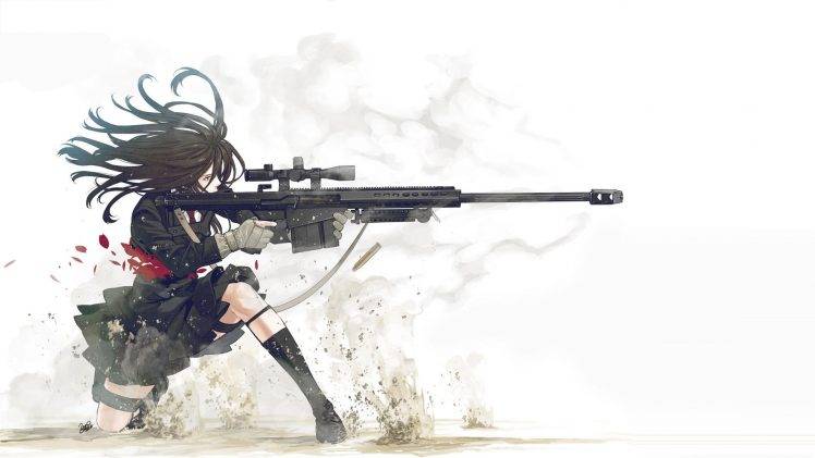 Kozaki Yuusuke, Original Characters, Anime, Gun, Weapon, Anime Girls, White Background, Sniper Rifle HD Wallpaper Desktop Background